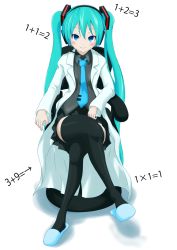 Rule 34 | 1girl, 39, aqua hair, blue eyes, blush, chair, hatsune miku, hatsune negame, headset, lab coat, crossed legs, long hair, math, necktie, sitting, skirt, slippers, smile, solo, thighhighs, twintails, very long hair, vocaloid, white background