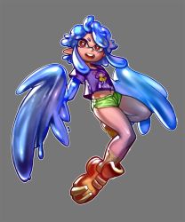 Rule 34 | 1girl, ankle boots, blue hair, boots, female inkling, flat chest, full body, fusion, grey background, harpy, inkling, inkling player character, monster girl, monster musume no iru nichijou, nintendo, papi (monster musume), pointy ears, shirt, short hair with long locks, short shorts, shorts, solo, splatoon (series), symbol-shaped pupils, t-shirt, voodoothur, winged arms, wings
