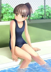 Rule 34 | 1girl, blue one-piece swimsuit, brown hair, chain-link fence, collarbone, commentary request, fence, flat chest, highres, looking at viewer, old school swimsuit, one-piece swimsuit, original, outdoors, ponytail, pool, poolside, school swimsuit, shibacha, short hair, short ponytail, soaking feet, solo, swimsuit, water, yellow eyes
