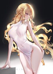 Rule 34 | 1girl, alternate costume, bare arms, bare shoulders, black background, blonde hair, blue eyes, breasts, commentary, covered navel, cowboy shot, dress, genshin impact, groin, highres, large breasts, long hair, looking to the side, navia (genshin impact), no headwear, ringeko-chan, sleeveless, sleeveless dress, solo, standing, thighs, very long hair, white dress