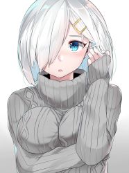 Rule 34 | 10s, 1girl, alternate costume, bad id, bad pixiv id, blue eyes, blush, breasts, casual, hair ornament, hair over one eye, hairclip, hamakaze (kancolle), highres, kantai collection, looking at viewer, open mouth, short hair, sleeves past wrists, solo, suzuharu toufu, sweater, white hair