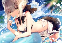 Rule 34 | 1girl, artoria pendragon (all), artoria pendragon (alter swimsuit rider) (fate), artoria pendragon (alter swimsuit rider) (second ascension) (fate), artoria pendragon (fate), bikini, black bikini, blonde hair, blue sky, breasts, cleavage, cloud, day, duplicate, fate/grand order, fate (series), flower, food, looking at viewer, maid, maid bikini, maid headdress, medium breasts, necomi, ocean, palm tree, partially submerged, petals, popsicle, saber alter, short hair, sidelocks, signature, sky, solo, swimsuit, third-party edit, tree, unconventional maid, yellow eyes