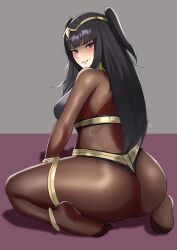 Rule 34 | 1girl, ass, ass focus, black eyes, black hair, blunt bangs, blush, bodystocking, breasts, commentary, english commentary, fire emblem, fire emblem awakening, grin, hair ornament, highres, jewelry, large breasts, long hair, looking at viewer, nintendo, sitting, skin tight, smile, solo, tharja (fire emblem), tiara, two side up, wariza, zet (twt zet)