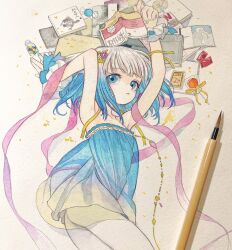 Rule 34 | 1girl, arms up, art tools in frame, ass, bare shoulders, blue dress, blue eyes, blue hair, blush, book, candy, cowboy shot, dress, flat chest, food, gradient dress, gradient hair, hair ornament, highres, kaede (shijie heping), lollipop, looking at viewer, lying, medium hair, multicolored hair, on side, original, painting (medium), parted lips, photo (medium), ribbon, see-through, see-through dress, solo, traditional media, two-tone hair, watercolor (medium), white hair, wrist ribbon