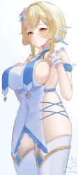 Rule 34 | 1girl, bare shoulders, blonde hair, blush, breasts, covered navel, cross-laced clothes, dress, flower, frills, genshin impact, hair between eyes, hair flower, hair ornament, highres, large breasts, looking at viewer, lumine (genshin impact), short hair with long locks, sideboob, sidelocks, sigggrain, thighhighs, white flower, yellow eyes
