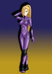 Rule 34 | 1girl, artist request, bodysuit, breasts, cameltoe, cleavage, female focus, full body, gradient background, hair over one eye, latex, naruto, naruto (series), smile, solo, yamanaka ino