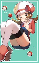 Rule 34 | 1girl, aqua background, bad id, bad pixiv id, blush, bow, brown eyes, brown hair, cabbie hat, closed mouth, creatures (company), game freak, hat, hat bow, highres, index finger raised, long hair, lyra (pokemon), nintendo, outline, overalls, poke ball, poke ball (basic), pokemon, pokemon hgss, red bow, red footwear, ririmon, shoes, sleeves past elbows, smile, solo, thighhighs, thighs, tongue, tongue out, twintails, white hat, white outline, white thighhighs
