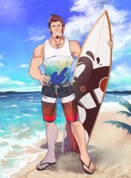 Rule 34 | 1boy, abs, absurdres, alternate costume, bara, beard, blue eyes, brown hair, cloud, cloudy sky, day, facial hair, fate/grand order, fate (series), french flag swimsuit, full body, hand on own hip, highres, icelernd, large pectorals, long sideburns, looking at viewer, male focus, muscular, napoleon bonaparte (fate), nipple slip, nipples, ocean, pectorals, sandals, scar, shorts, sky, smile, solo, surfboard, swimsuit, tank top