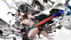 Rule 34 | 1girl, absurdres, arknights, bare shoulders, black hair, black hat, black jacket, breasts, brown eyes, cleavage, cleavage cutout, closed mouth, clothing cutout, colored skin, commentary request, dragon girl, dragon horns, dress, dusk (arknights), earrings, expressionless, flower, foot out of frame, gradient skin, green hair, green horns, green skin, hair over one eye, hat, highres, holding, holding sword, holding weapon, horns, ink, jacket, jewelry, long hair, looking at viewer, medium breasts, multicolored hair, nuez, off shoulder, pink flower, pointy ears, rice hat, sleeveless, sleeveless dress, solo, streaked hair, sword, tassel, tassel earrings, weapon, white dress