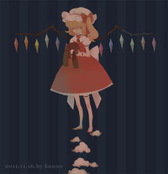 Rule 34 | 1girl, artist name, barefoot, blonde hair, bow, bridal garter, closed mouth, commentary, crystal, dated, dress, expressionless, flandre scarlet, flat chest, flower, full body, grey background, hair between eyes, hat, hat bow, holding, holding stuffed toy, kanon (rsl), long bangs, looking at viewer, medium hair, mob cap, one side up, pinafore dress, puffy short sleeves, puffy sleeves, red bow, red dress, red eyes, red flower, red rose, rose, shirt, short sleeves, sleeveless, sleeveless dress, solo, standing, striped, striped background, stuffed animal, stuffed rabbit, stuffed toy, stuffing, touhou, white hat, white shirt, wings, wrist cuffs