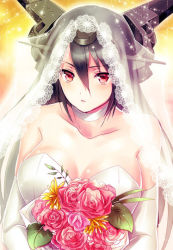 Rule 34 | 10s, 1girl, bad id, bad pixiv id, bare shoulders, black hair, blush, bouquet, breasts, bridal veil, choker, cleavage, collarbone, dress, elbow gloves, flower, gloves, headgear, kantai collection, lace, large breasts, leaf, long hair, looking at viewer, nagato (kancolle), open mouth, pink flower, pink rose, red eyes, rose, solo, strapless, strapless dress, unabara misumi, veil, wedding dress, white dress, white gloves