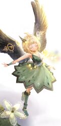 absurdres ahoge black_wings blonde_hair bob_cut boots breasts cleavage closed_eyes dress duel_monster fairy flower flying full_body green_dress green_footwear highres hugin_the_runick_wings knee_boots medium_breasts medium_hair puka_(puka_bgart) sleeveless sleeveless_dress smile white_background wings yu-gi-oh!