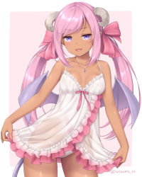 Rule 34 | 1girl, bare arms, bare shoulders, bow, breasts, chemise, collarbone, cowboy shot, dark-skinned female, dark skin, demon girl, demon horns, demon tail, demon wings, hair bow, horns, jewelry, long hair, looking at viewer, necklace, open mouth, original, panties, pink bow, pink hair, purple eyes, sasaame, see-through, sidelocks, small breasts, smile, smug, solo, spaghetti strap, tail, twintails, twitter username, two-tone background, underwear, white panties, wings