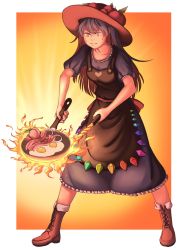 Rule 34 | 1girl, bacon, black hat, blue dress, blue hair, boots, brown footwear, collarbone, commentary, cooking, dress, egg, egg (food), fire, food, frilled dress, frills, fruit, frying pan, full body, hat, hat leaf, highres, hinanawi tenshi, long hair, mefomefo, mundane utility, orange background, peach, puffy short sleeves, puffy sleeves, sash, serious, short sleeves, solo, spread legs, sunny side up egg, sweat, sword of hisou, touhou, yellow eyes