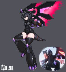 Rule 34 | 1girl, absurdres, arm cannon, astegon, black eyes, black hair, black tail, black thighhighs, breasts, chinese commentary, closed mouth, dragon tail, fiery wings, full body, grey background, hair between eyes, highres, koshou shou mitsu, outstretched arm, palworld, personification, reference inset, short hair, simple background, small breasts, smile, solo, tail, thick thighs, thighhighs, thighs, weapon, wings, yellow pupils