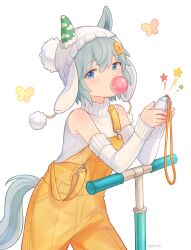 Rule 34 | 1girl, animal ears, bare shoulders, beanie, blowing bubbles, blue eyes, blush, bug, butterfly, chewing gum, cowboy shot, detached sleeves, ears through headwear, hat, highres, horse ears, horse girl, horse tail, insect, kick scooter, looking at viewer, overalls, rio (rio 067), seiun sky (umamusume), short hair, simple background, sleeveless, sleeveless sweater, solo, star (symbol), sweater, tail, turtleneck, turtleneck sweater, twitter username, umamusume, white background, white hat, white sweater