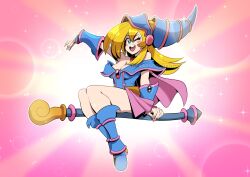 Rule 34 | 1girl, aaron schmit, blonde hair, blue eyes, boots, breasts, dark magician girl, full body, gem, hat, highres, large breasts, one eye closed, open mouth, pink background, sitting, skirt, smile, staff, witch, witch hat, yu-gi-oh!