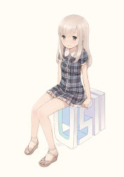 Rule 34 | 1girl, alternate costume, brown background, brown footwear, collared dress, dress, full body, grey dress, grey eyes, highres, kantai collection, knees together feet apart, kokudou juunigou, light brown hair, long hair, parted lips, plaid, plaid dress, ro-500 (kancolle), sandals, short sleeves, simple background, sitting, solo, toes, wedge heels