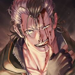 Rule 34 | 1boy, black capelet, black clover, black gloves, black hair, blood, blood on face, blue eyes, capelet, fingerless gloves, gloves, highres, licking blood, looking at viewer, magna swing, male focus, multicolored hair, nosebleed, open mouth, purple hair, smile, solo, sosuke ppp, teeth