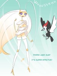 Rule 34 | 1girl, antennae, artist request, beak, blue background, breasts, claws, creatures (company), english text, female focus, full body, game freak, gen 7 pokemon, gradient background, hand up, highres, legs apart, looking down, medium breasts, nintendo, nipples, no panties, open mouth, pheromosa, pikipek, pokemon, pokemon (creature), pokemon sm, purple eyes, pussy, simple background, skirt, standing, surprised, text focus, thighhighs, ultra beast, uncensored, white skirt, wind, wind lift, wings