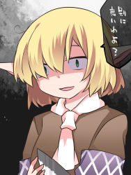 Rule 34 | 1girl, blonde hair, commentary, crazy eyes, crazy smile, false smile, green eyes, hammer (sunset beach), knife, mizuhashi parsee, narrowed eyes, open mouth, pointy ears, scarf, short hair, smile, solo, touhou, translated, upper body, yandere