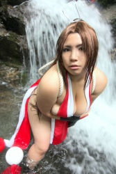 Rule 34 | breast rest, breasts, brown eyes, brown hair, chouzuki maryou, cosplay, hand fan, hair ornament, hanging breasts, large breasts, long hair, photo (medium), plump, ponytail, shiranui mai, shiranui mai (cosplay), snk, the king of fighters, thick thighs, thighs, very long hair
