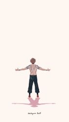 Rule 34 | 1boy, arm tattoo, back tattoo, black pants, brown hair, highres, jujutsu kaisen, outstretched arms, pants, ryoumen sukuna (jujutsu kaisen), seisyunbotdesu, shadow, topless male, shoes, sneakers, solo, spread arms, tattoo, white background