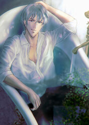 1boy bathtub clothed_bath facial_hair gakuen_handsome grey_hair hair_between_eyes highres indoors lily_(pixiv_8354895) male_focus mature_male pointy_chin shirt solo stubble teruhiko_saionji wet white_shirt