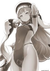 Rule 34 | 1girl, armpits, arms behind head, arms up, bare shoulders, beret, blush, braid, breasts, closed mouth, covered navel, detached sleeves, erune, eyeliner, granblue fantasy, greyscale, hat, highres, leotard, long hair, looking at viewer, makeup, monochrome, multiple braids, nosuku, pholia, short eyebrows, side braids, sideless outfit, small breasts, smile, solo, thighs, very long hair, wide sleeves