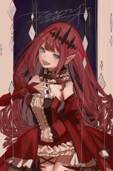 Rule 34 | 1girl, baobhan sith (fate), baobhan sith (first ascension) (fate), bare shoulders, blush, breasts, detached sleeves, dress, fangs, fate/grand order, fate (series), frilled dress, frills, grey eyes, hair ornament, hand on own chest, highres, long hair, long sleeves, looking at viewer, open mouth, pointy ears, red dress, red hair, sidelocks, signature, smile, solo, temarizushi