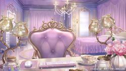Rule 34 | armchair, artist name, bed, bedroom, blanket, cabinet, candy, candy jar, chair, chandelier, checkerboard cookie, cookie, cup, curtains, flower, food, highres, himeno aimu, indie virtual youtuber, indoors, jar, keyboard (computer), lamp, mouse (computer), mousepad (object), muntins, no humans, official art, pillow, pink flower, pink rose, plate, rose, rug, saucer, scenery, stool, sugawa mako, table, tea, teacup, teapot, teaspoon, vanity table, vase, wall lamp, window