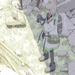 Rule 34 | 1girl, arknights, asymmetrical legwear, backpack, bag, black footwear, black pantyhose, black skirt, brown hair, brown vest, camera, chain-link fence, collared shirt, commentary request, day, fence, from above, from side, grass, green eyes, green pantyhose , hair between eyes, hair ornament, highres, holding, holding camera, hood, hood down, hooded jacket, jacket, lens (arknights), long sleeves, mismatched legwear, necktie, one side up, open clothes, open jacket, outdoors, pantyhose, pleated skirt, red necktie, robot, rubble, scene (arknights), shirt, shoes, skirt, solo, standing, star (symbol), usui harusame, vest, white jacket, white shirt