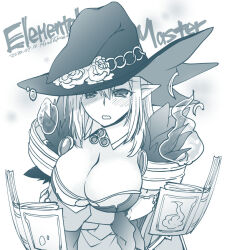 1girl blush book breasts character_name cleavage commentary_request dated detached_collar dress elemental_master_(ragnarok_online) fur-trimmed_dress fur_trim hat holding holding_book large_breasts long_hair looking_at_viewer open_mouth ragnarok_online simple_background solo takaha_momo upper_body witch_hat