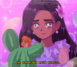 1990 1girl animification black_hair brenni_murasaki brown_eyes brown_hair dark-skinned_female dark_skin dress earrings encanto flower hair_flower hair_ornament isabela_madrigal jewelry long_hair mole mole_under_eye purple_dress simple_background smile solo