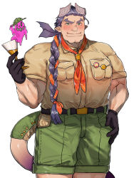 Rule 34 | 1boy, badge, bat wings, blush, braid, breast pocket, brown shirt, closed mouth, cocktail glass, collared shirt, commentary, commentary request, cowboy shot, cup, demon boy, demon horns, demon tail, drinking glass, green eyes, green shorts, hair ornament, hairpin, hat, highres, horns, liquid, long hair, lucifuge (housamo), male focus, muscular, muscular male, neckerchief, partial commentary, pocket, pointy ears, purple hair, purple liquid, scout uniform, shiratori yokikana, shirt, shorts, smile, solo, tail, thick eyebrows, tokyo houkago summoners, white background, wings