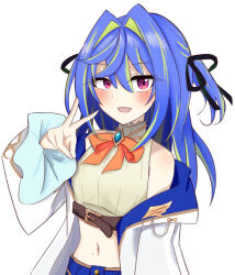 Rule 34 | 1girl, :d, belt, black ribbon, blue brooch, blue hair, blue skirt, blush, bow, bowtie, breasts, brown belt, chest belt, coat, commentary request, cowboy shot, crop top, fingernails, frilled sleeves, frills, green hair, grey shirt, hair between eyes, hair intakes, hair ribbon, hiyoku no crosspiece, long bangs, long hair, long sleeves, looking at viewer, midriff, mole, mole on stomach, mole under eye, multicolored hair, nanashi inc., navel, open clothes, open coat, open mouth, orange bow, orange bowtie, pink eyes, ribbon, salmon231, shirt, simple background, skirt, small breasts, smile, solo, striped clothes, striped shirt, suzumi nemo, suzumi nemo (1st costume), two-tone hair, two side up, v, vertical-striped clothes, vertical-striped shirt, virtual youtuber, white background, white coat