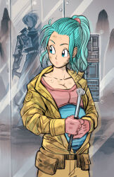 Rule 34 | 1girl, amartbee, aqua eyes, aqua hair, breasts, bulma, bulma (future), cleavage, commentary, dirty, dirty face, dragon ball, dragonball z, ear piercing, earrings, english commentary, gloves, hair pulled back, highres, jacket, jewelry, large breasts, piercing, ponytail, pouch, pregnant, red gloves, socket wrench, solo, sweatdrop, trunks (dragon ball), trunks (future) (dragon ball), upper body, yellow jacket
