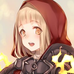 Rule 34 | 1girl, beige background, blonde hair, blunt bangs, blush, fire, hood, hood up, looking at viewer, open mouth, red hood, red riding hood (sinoalice), simple background, sinoalice, solo, teeth, teroru, turtleneck, upper body, upper teeth only, yellow eyes