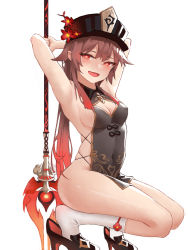 Rule 34 | 1girl, absurdres, armpits, arms up, bare arms, black footwear, blush, breasts, brown hair, china dress, chinese clothes, cleavage, dress, fang, flower, from behind, full body, genshin impact, half-closed eyes, hat, heel pop, highres, holding, holding weapon, hu tao (genshin impact), looking at viewer, open mouth, plum blossoms, polearm, red eyes, shen fan, shoes, sideboob, sideless outfit, simple background, skindentation, small breasts, smile, socks, solo, squatting, staff of homa (genshin impact), symbol-shaped pupils, thighs, top hat, twintails, weapon, white background