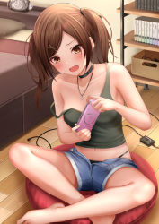Rule 34 | 1girl, bare arms, bare legs, bare shoulders, barefoot, bed, black choker, black panties, blue shorts, blush, breasts, brown eyes, brown hair, camisole, choker, clock, collarbone, crop top, cushion, denim, denim shorts, fang, grey shirt, hair ornament, hairclip, handheld game console, highres, holding, indian style, indoors, jewelry, looking at object, midriff, monaka curl, navel, necklace, no bra, off shoulder, open fly, open mouth, original, panties, panty straps, playing games, playstation portable, shelf, shirt, short shorts, short twintails, shorts, sitting, sleeveless, sleeveless shirt, small breasts, strap slip, string panties, twintails, unbuttoned, underwear, wire, x hair ornament