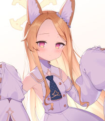 Rule 34 | 1girl, animal ear fluff, animal ears, bare shoulders, blonde hair, blue archive, blush, breasts, closed mouth, collared dress, commentary request, cruciform halo, dress, ear flower, flower, forehead, grey background, halo, hands up, highres, long hair, long sleeves, looking at viewer, ohihil, parted bangs, puffy long sleeves, puffy sleeves, purple eyes, rose, seia (blue archive), simple background, sleeveless, sleeveless dress, sleeves past fingers, sleeves past wrists, small breasts, solo, very long hair, white dress, white flower, white rose