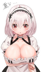 Rule 34 | 1girl, :o, absurdres, anchor, anchor choker, apron, arm under breasts, azur lane, bad id, bad pixiv id, blush, breast hold, breasts, choker, cleavage, collarbone, dress, frilled apron, frilled choker, frills, hair between eyes, hair ornament, hairband, has bad revision, highres, kian, lace-trimmed hairband, lace trim, large breasts, looking at viewer, maid apron, md5 mismatch, open mouth, puffy sleeves, red eyes, resolution mismatch, short hair, short sleeves, sidelocks, simple background, sirius (azur lane), solo, source larger, standing, upper body, waist apron, white apron, white background, white hair