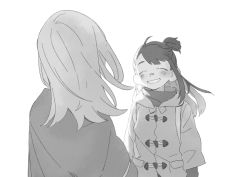Rule 34 | 2girls, ^ ^, ahoge, arms at sides, backlighting, bandaid, bandaid on face, bandaid on nose, blush, closed eyes, coat, duffel coat, dyx (asdiandyx), eyebrows, facing another, facing away, floating hair, from behind, gloves, greyscale, grin, hair tie, half updo, happy, head tilt, kagari atsuko, little witch academia, long hair, long sleeves, monochrome, multiple girls, simple background, smile, sucy manbavaran, swept bangs, turtleneck, upper body, wind