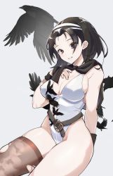Rule 34 | 1girl, absurdres, belt, bird, black hair, bodysuit, breasts, brown eyes, cleavage, crotch, crow, headband, highres, japanese, kazama jun, large breasts, mature female, scarf, simple background, single thighhigh, solo, swimsuit, tekken, thighhighs, thighs, white background