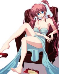 Rule 34 | 1girl, barefoot, blue eyes, breasts, chair, cleavage, dress, earrings, high heels, jewelry, large breasts, long hair, ponytail, pumps, ranma-chan, ranma 1/2, red footwear, red hair, saotome ranma, shoes, solo, stiletto heels, uehara doh, very long hair