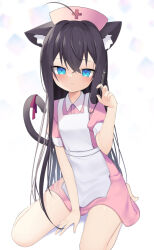 Rule 34 | 1girl, animal ear fluff, animal ears, apron, barefoot, between legs, black hair, blue eyes, blurry, blurry background, blush, cat ears, cat girl, cat tail, closed mouth, collared shirt, commentary request, depth of field, dress shirt, hair between eyes, hand between legs, hat, holding, holding syringe, long hair, looking at viewer, nurse, nurse cap, original, pink hat, pink shirt, pink skirt, puffy short sleeves, puffy sleeves, red ribbon, ribbon, seiza, shirt, short sleeves, sitting, skirt, solo, syringe, tail, tail ornament, tail ribbon, usagimiko, very long hair, white apron