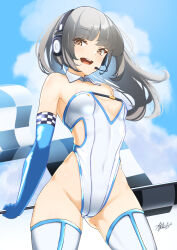 Rule 34 | 1girl, alternate costume, ayuman, blue gloves, breasts, brown eyes, checkered flag, cowboy shot, elbow gloves, flag, gloves, grey hair, hayashio (kancolle), highleg, highleg leotard, highres, holding, holding flag, kantai collection, leotard, long hair, mole, mole under eye, race queen, small breasts, solo, standing, strapless, strapless leotard, thighhighs, white leotard, white thighhighs