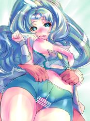 Rule 34 | 10s, 1girl, bad id, bad pixiv id, bike shorts, breasts, cameltoe, censored, choker, cure march, dodai shouji, gradient background, green eyes, green hair, green shorts, grinding, hetero, highres, long hair, magical girl, medium breasts, midorikawa nao, nipples, penis, precure, restrained, shorts, shorts under skirt, skirt, smile precure!, solo focus, thigh sex, thighs, transparent background