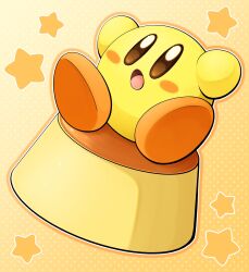 Rule 34 | alternate color, blush stickers, brown eyes, colored skin, creature, food, highres, kirby, kirby (series), nintendo, no humans, open mouth, outline, polka dot, polka dot background, pudding, slys (jesterdysphoria), solid oval eyes, solo, star (symbol), yellow skin