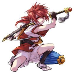 Rule 34 | 1boy, glowing, glowing eyes, hisame shizumaru, japanese clothes, long hair, looking at viewer, male focus, ponytail, qorgo13, red eyes, red hair, samurai spirits, sheath, shorts, simple background, solo, squatting, sword, unsheathing, weapon